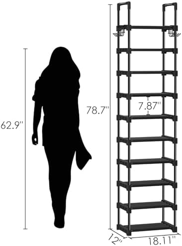 Vertical Shoe Rack 10 Tiers Narrow Rack for Closet DIY Tower Holds 20-25 Pairs Durable Stackable Shelf Space Saving Stand with 2 Hooks Metal Organizer, Black