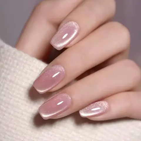 24pcs Pink Resin Stone Cat Eye Effect Full Cover Acrylic Press On False Nails Square Shaped Sparkle Design For Women's Party Daily Wear Nail Art Nail Care Nail Polish Polish