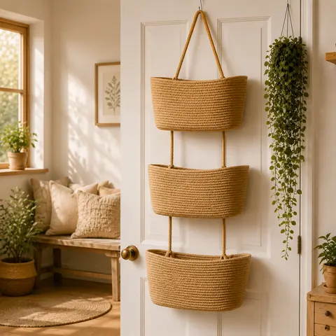 2026 New 3-Tier Woven Cotton Over-the-Door Hanging Wall Basket - Jute Home Organizer with Natural Feel, Warm Woven Charm, Ideal for Dorm Back-to-School & Baby Wipes Storage