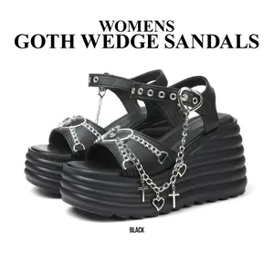 CYNLLIO Platform Sandals For Women Gothic Punk Heart Chain Buckle Ankle Strap Comfort Square Toe High Slope Heel Wedge Goth Sandals Halloween Fall Shoes