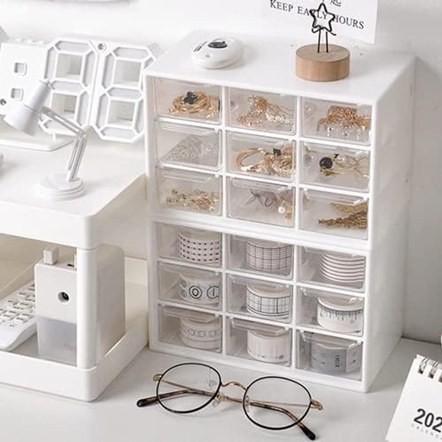 Small Drawer Organizer for Desk, Mini Desktop Drawer Organizer with 9 Clear Drawers Boxes Wall
