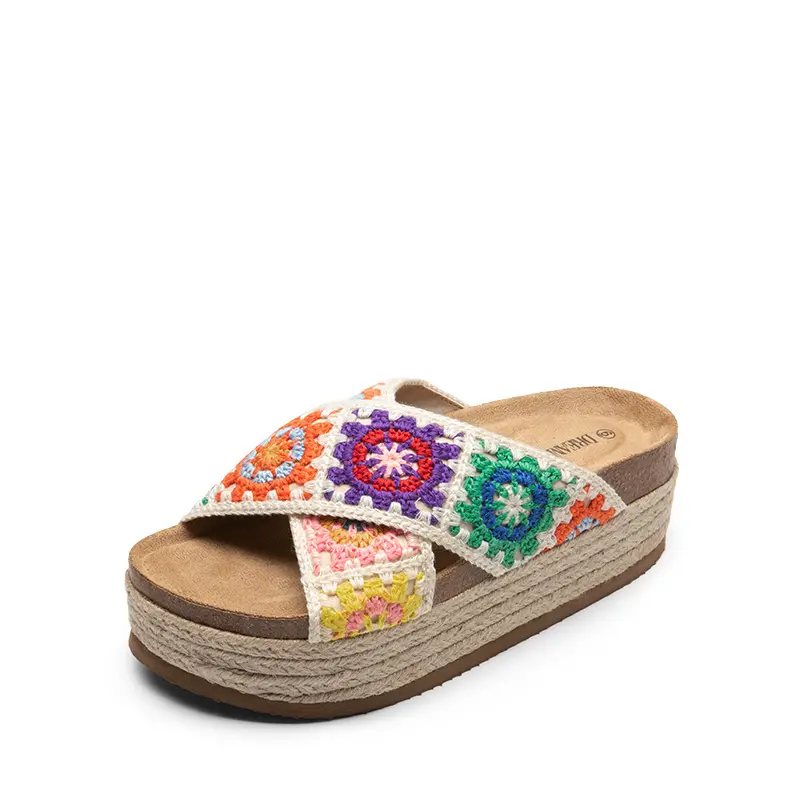 Dream Pairs Women's Boho Crochet Flatform Sandals, Slip-On Style with Raffia Detail and a Molded Footbed, Footwear, Flat Bohemian Sandals, Open Toed Sandals