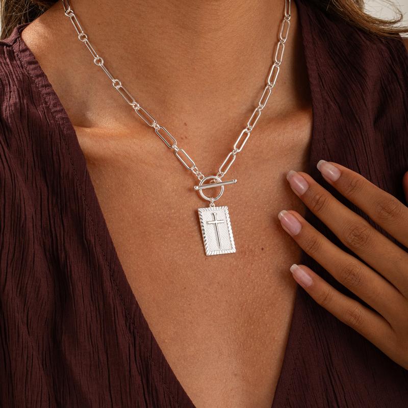 Tewiky Silver Plated Cross-shaped Paperclip Chain Necklace for Women Elegent Cross Necklace For Valentine's Day gifts