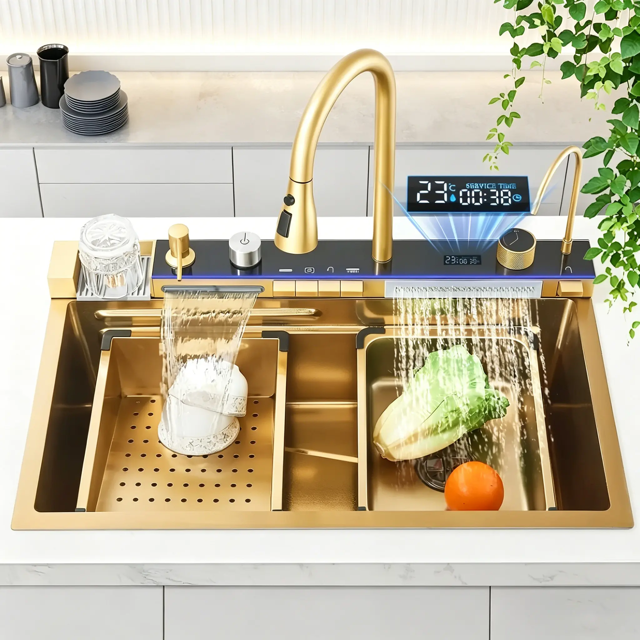 1 Set Digital Display Waterfall Sink Single Bowl Kitchen Sinks - Stainless Steel Bar Sink With Pull Down Sprayhead Faucet, Smart Modern Kitchen Sink With Full Set Of Accessories, Gun Gray&Brushed Golden，29.5x18 Inch