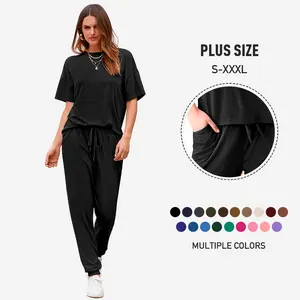 Women's 2-Piece Set Summer Outfits S-XXXL Crew Neck Short Sleeve Tracksuit Jogger Set With Drawstring and Pockets Comfy Lounge Wear
