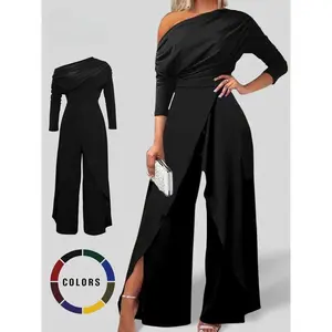 Women's Elegant Plain Ruched Wrap Split Hem Wide Leg Jumpsuit for Dating and Daily Wear All Seasons
