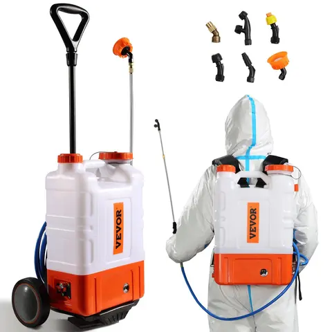 VEVOR Lithium Ion Battery-Powered Cart or Backpack Sprayer, 4 Gal (15L) Translucent Tank Shows Level, 12V 7.2Ah Batteries, 0-90 PSI Adjustable Pressure, Shoulder Straps, Lock Button Spray, 8 Nozzles, 2 Wands, Wide Mouth Lid for Outdoor Weeding, Cleaning