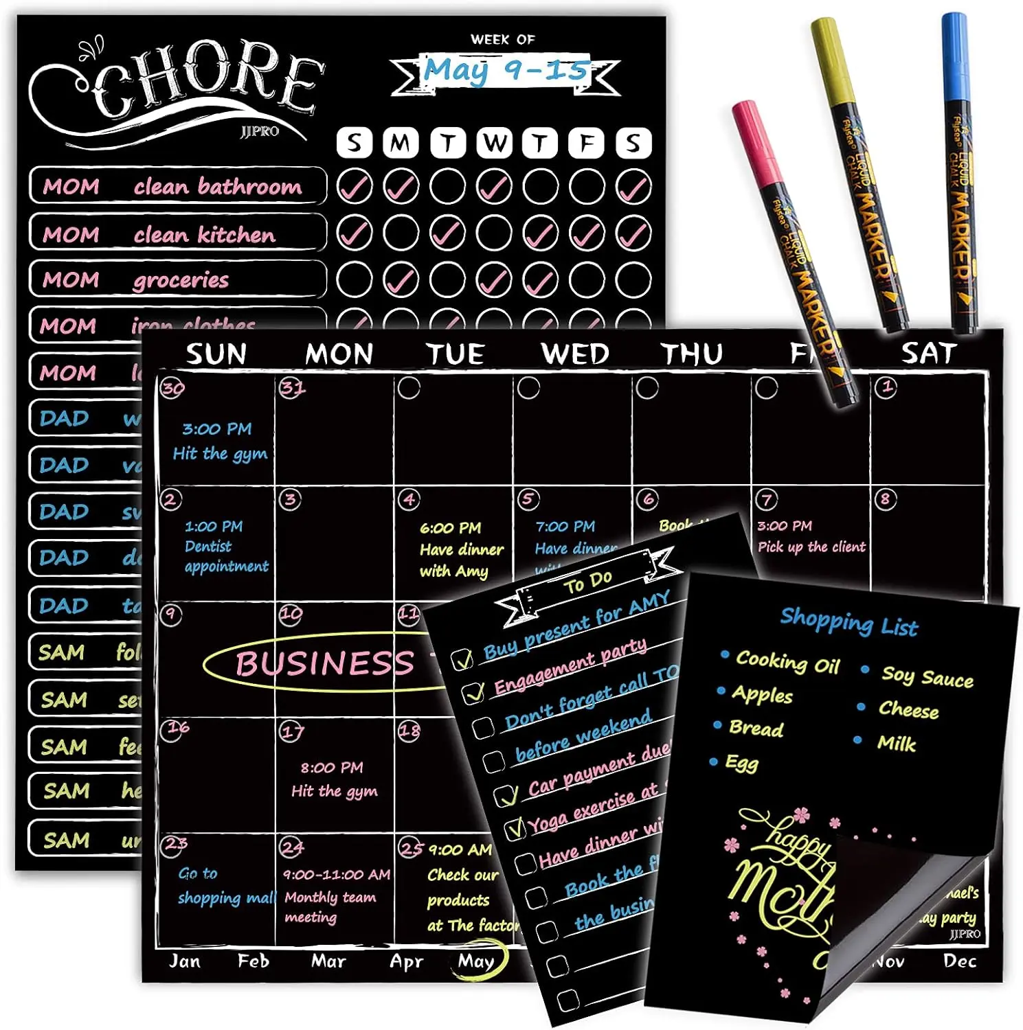 Magnetic Chalkboard Monthly Planner - Reward Chore Chart Combo Set with Neon Bright Liquid Chalk Markers, Bonus Grocery List & Notepad, Clarity, Easy to Write and Clean, Erasable, Fits Most Refrigerators