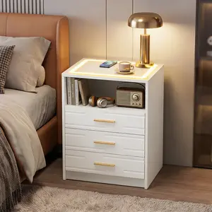 EROMMY LED Nightstand with Wireless Charging, Smart Bedside Table with Drawers & Adjustable LED Lights, Black and Gold Nightstand with USB & Type-C Charging Ports Furniture Home Living Room ，Bedroom dressers for bedroom