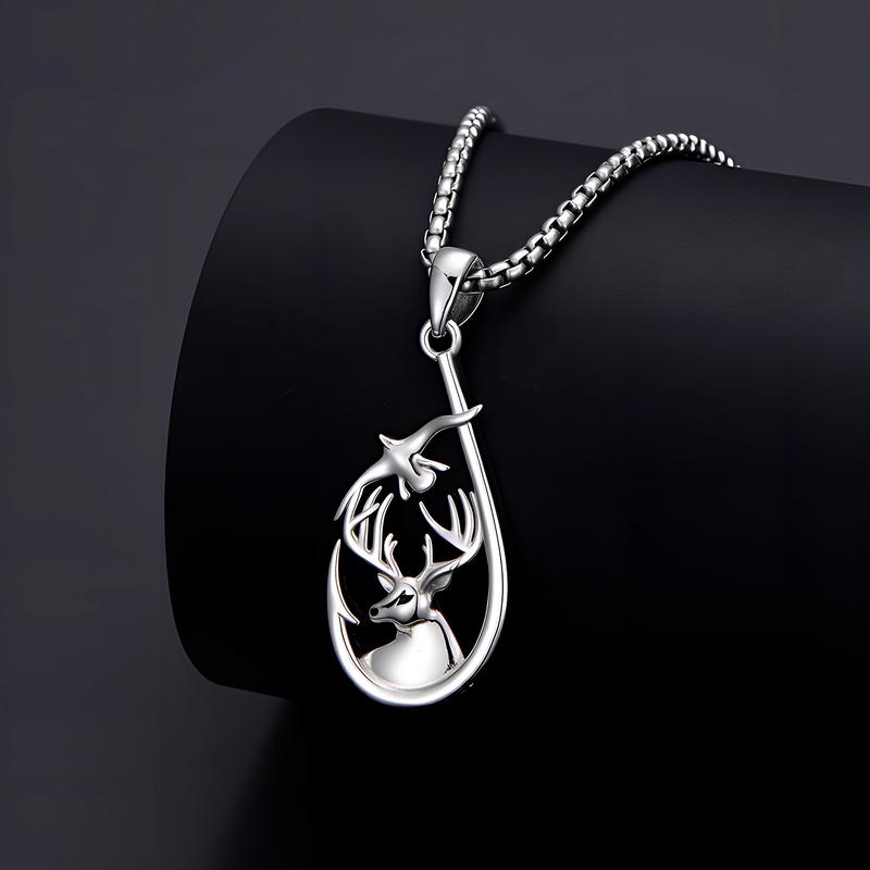MEIDERBO Jewelry Hunting Fishing Necklace 925 Sterling Silver Fish Hook Pendant Deer Bass Fish Wild Duck Hunting Jewelry Gifts for Men Father Husband Son 22+2 inch adjustable chain