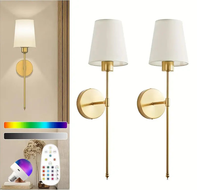 2-Pack Wireless Rechargeable LED Wall Sconces - Battery-Operated (Batteries Included), Brightness Dimmable RGB Color Changing Lights with Remote, Ambient Lighting Multifunctional Indoor Lighting Fixture for House, Living Room Decor, House Decor