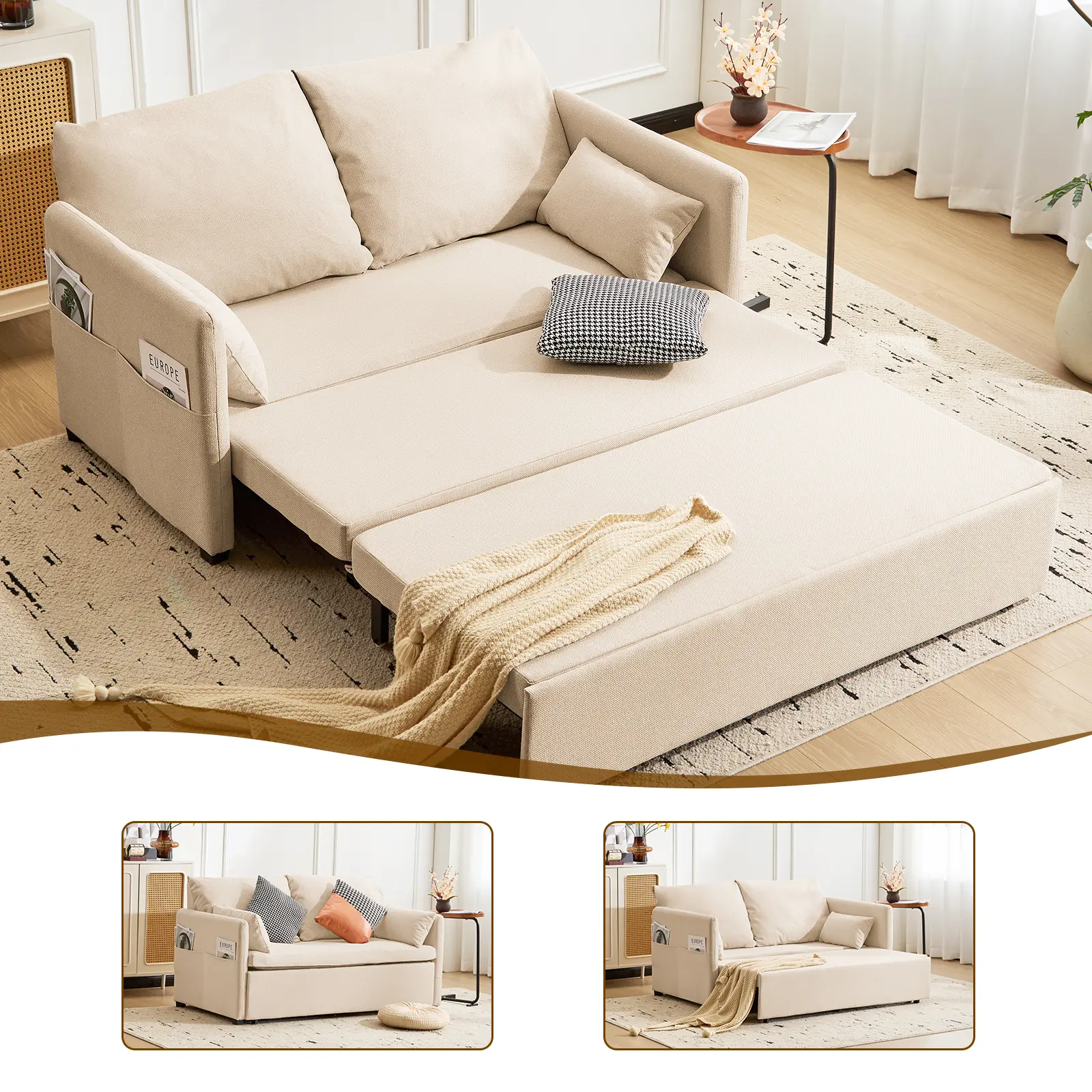 Furnimart Queen Sleeper Sofa, 3 in 1 Convertible Loveseat Sleeper Pull Out Sofa Bed, with 6-Position Adjustable Backrest, Modern Futon Couch for Living Room, Apartment, RV