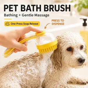 Pet Bath Brush with Soap Dispenser, Long Handle Silicone Dog & Cat Grooming Scrubber for Bathing, Cleaning & Gentle Massage