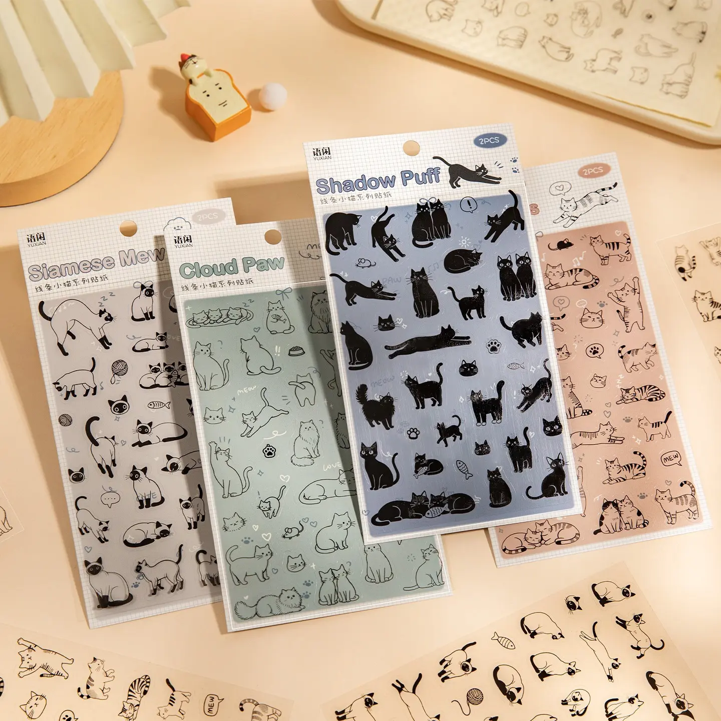 Aesthetic Scrapbooking Supplies Sticker Set - 4 Styles, 8 Sheets Kitten Line Art Stickers, Perfect Gifts for Cat Lovers, Ideal for Journal, Tablet Decoration, Aesthetic Stickers