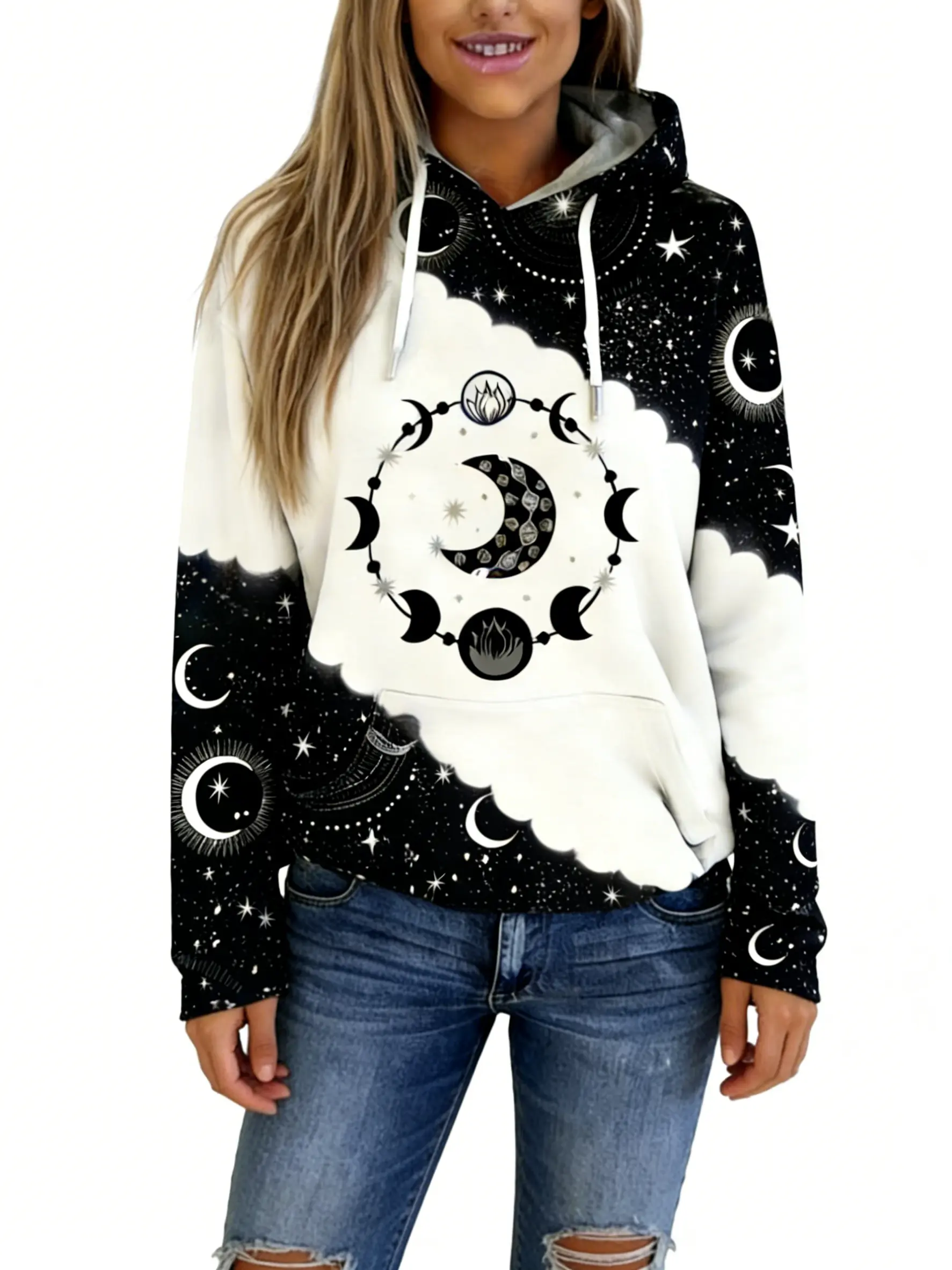 Women's Color block & Moon Print Drop Shoulder Hoodie,Fashion Casual Drawstring Pocket Hoodies Sweatshirts for Daily Holiday Outdoor Wear, Ladies Clothes for Winter