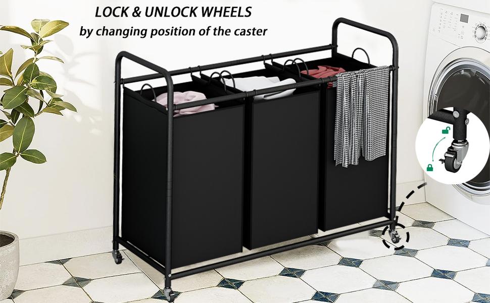 2-3 Bags Laundry Basket Sorter Laundry Hamper Cart with Heavy Duty Rolling Lockable Wheels and Removable Bags Organizer Storage House Organizer【A001】 Deals For You Days