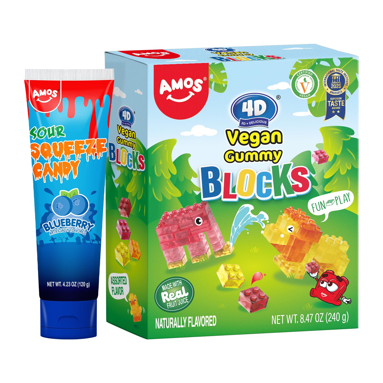 AMOS Sour Squeeze Candy – Blueberry / Strawberry / Apple – 4.23oz (120g) – Fun Squeezable Gel Candy for Kids – Artificially Flavored