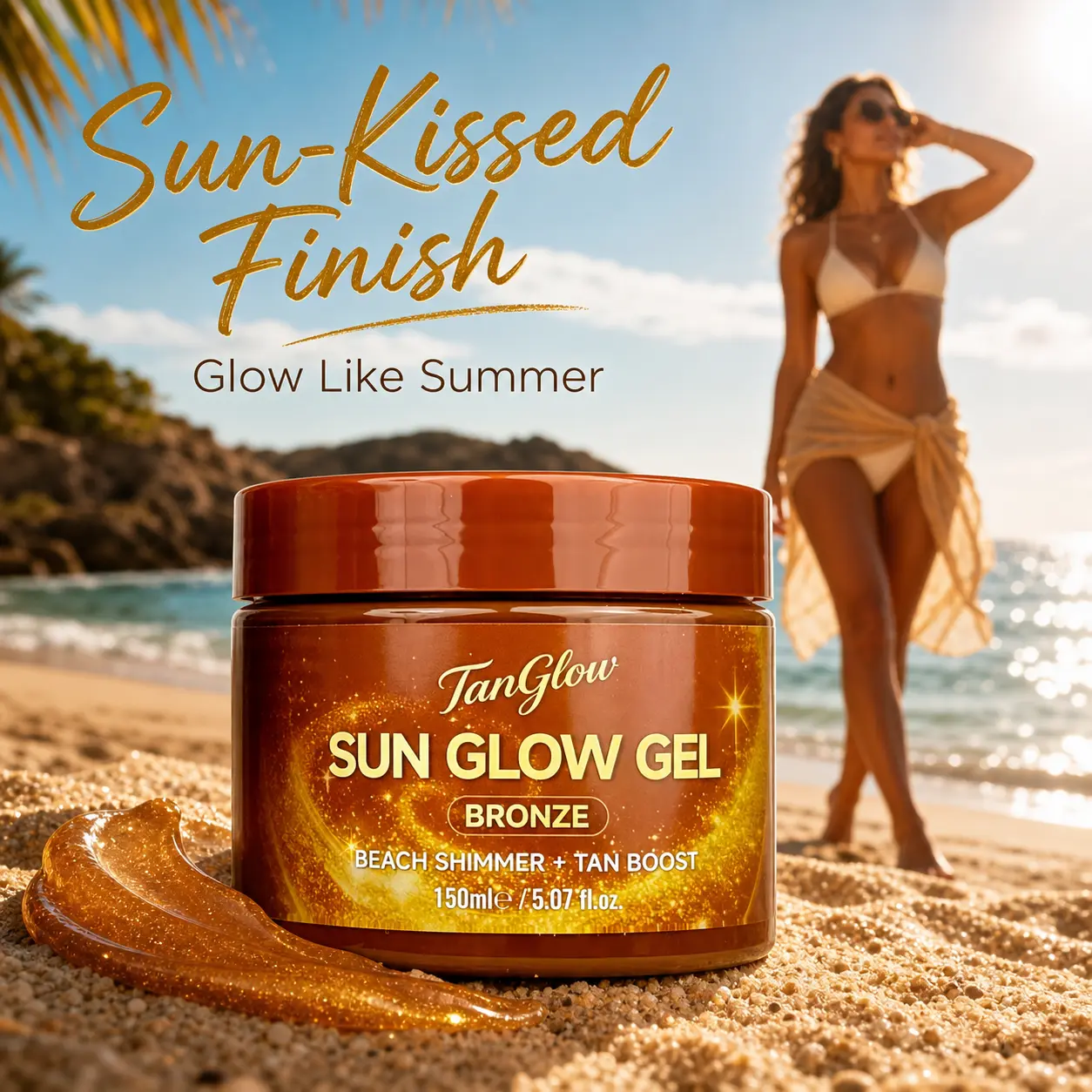 TanGlow Sun Glow Tanning Gel, Tanning Accelerator& Golden Shimmer for Outdoor Sun Tanning, with Coconut Oil, Carrot Seed Oil, Vitamin E & Jojoba Oil, 150ml