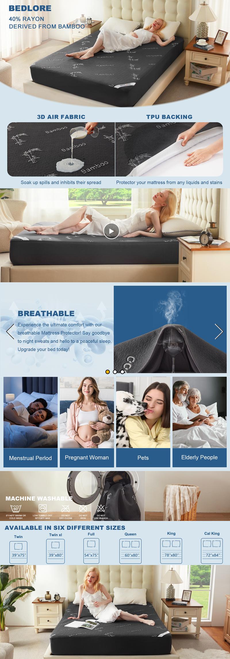 [Valentine’s Day]【BEDLORE】Bamboo Leaf Pattern Dark Waterproof Fitted Sheet for Winter, Dustproof & Breathable Bed Sheet with Deep Pockets (Fits 6–18 Inches), Bedding for Home, Hotel & School