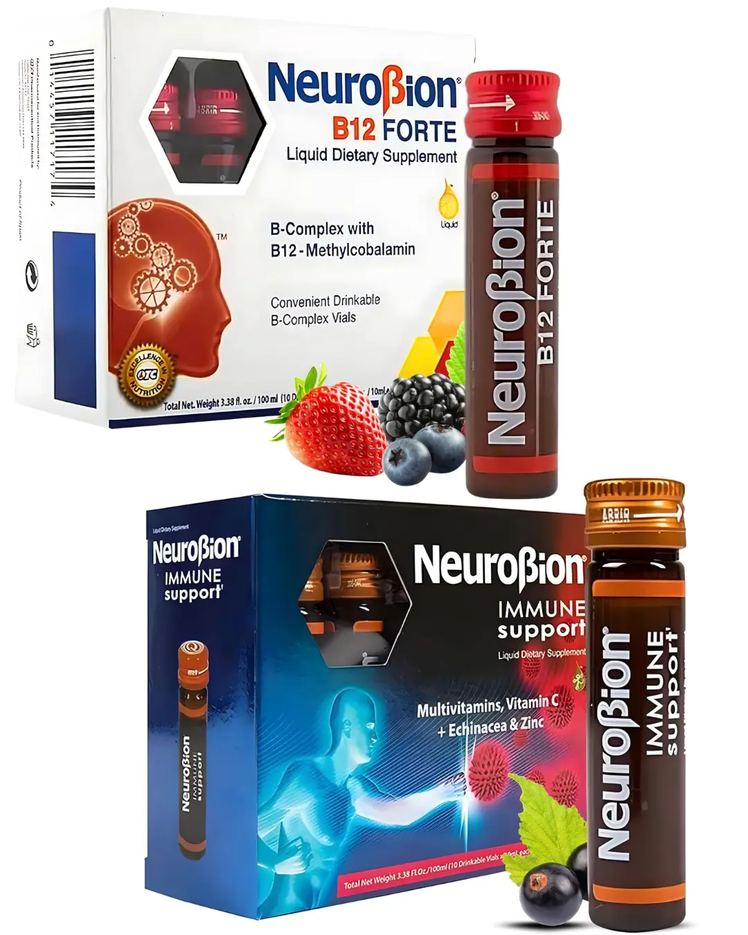NeuroBion B12 Forte (10 vials) + NeuroBion Immune Support (10 Vials) Liquid Dietary Supplement Vials, 2-Pack