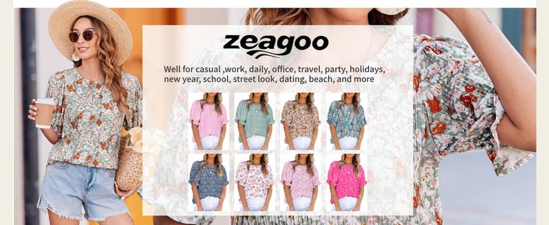 ZEAGOO Womens Blouses Dressy Casual Spring Floral Print Crewneck Smocked Puff Short Sleeve Shirts Springtok