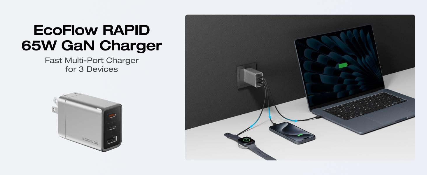 EF ECOFLOW USB C Charger, Rapid 65W GaN Type C Charging Block with Foldable Plug, Fast Wall Charger Compatible with iPhone 15/14/13, Galaxy, Pixel 4, iPad, AirPods, Apple Watch (USBC Cable Included)