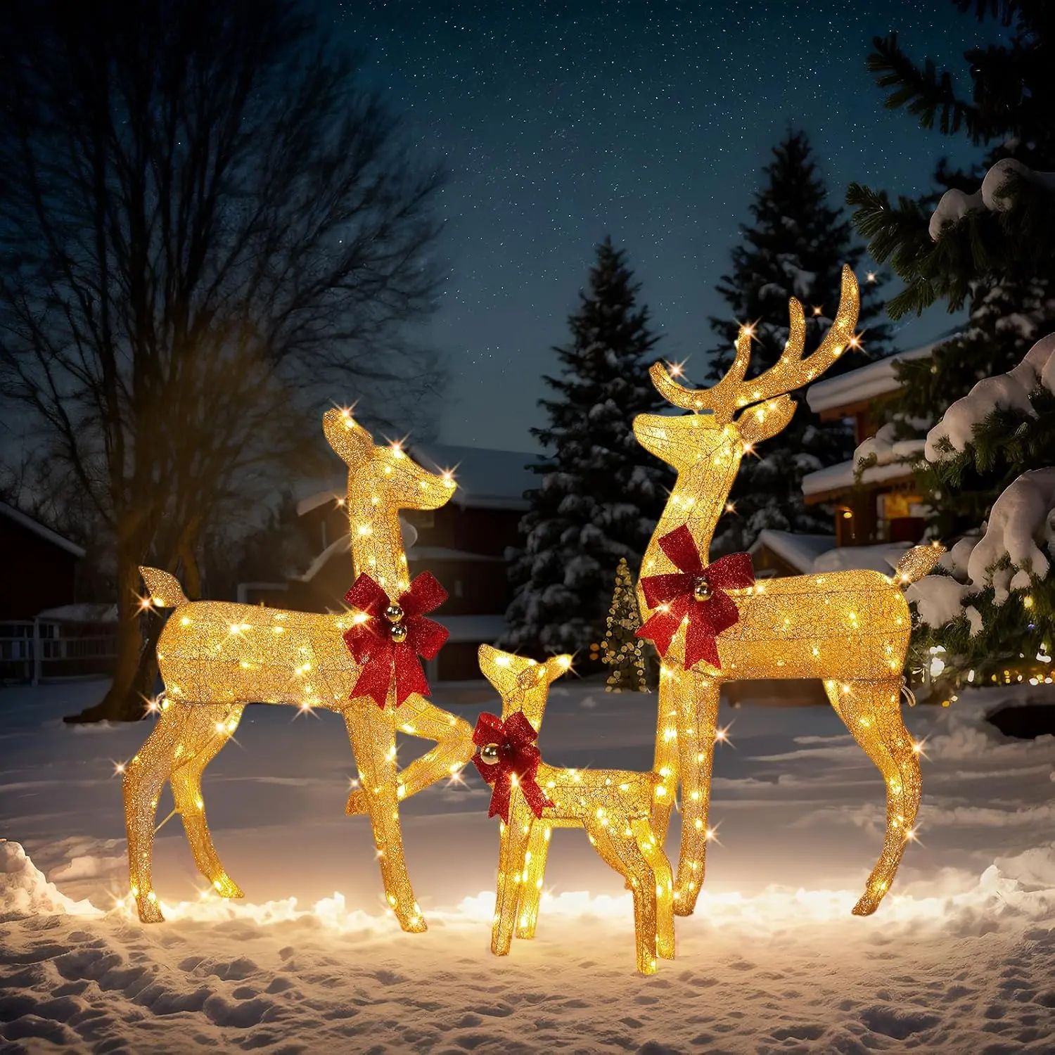 4FT Golden Lighted Christmas Reindeer Family Set of 3, Prelit 210 Warm White LED Deer Outdoor Decorations, Sparkling Buck Doe Fawn Lighted Christmas Yard Decorations for Garden Porch