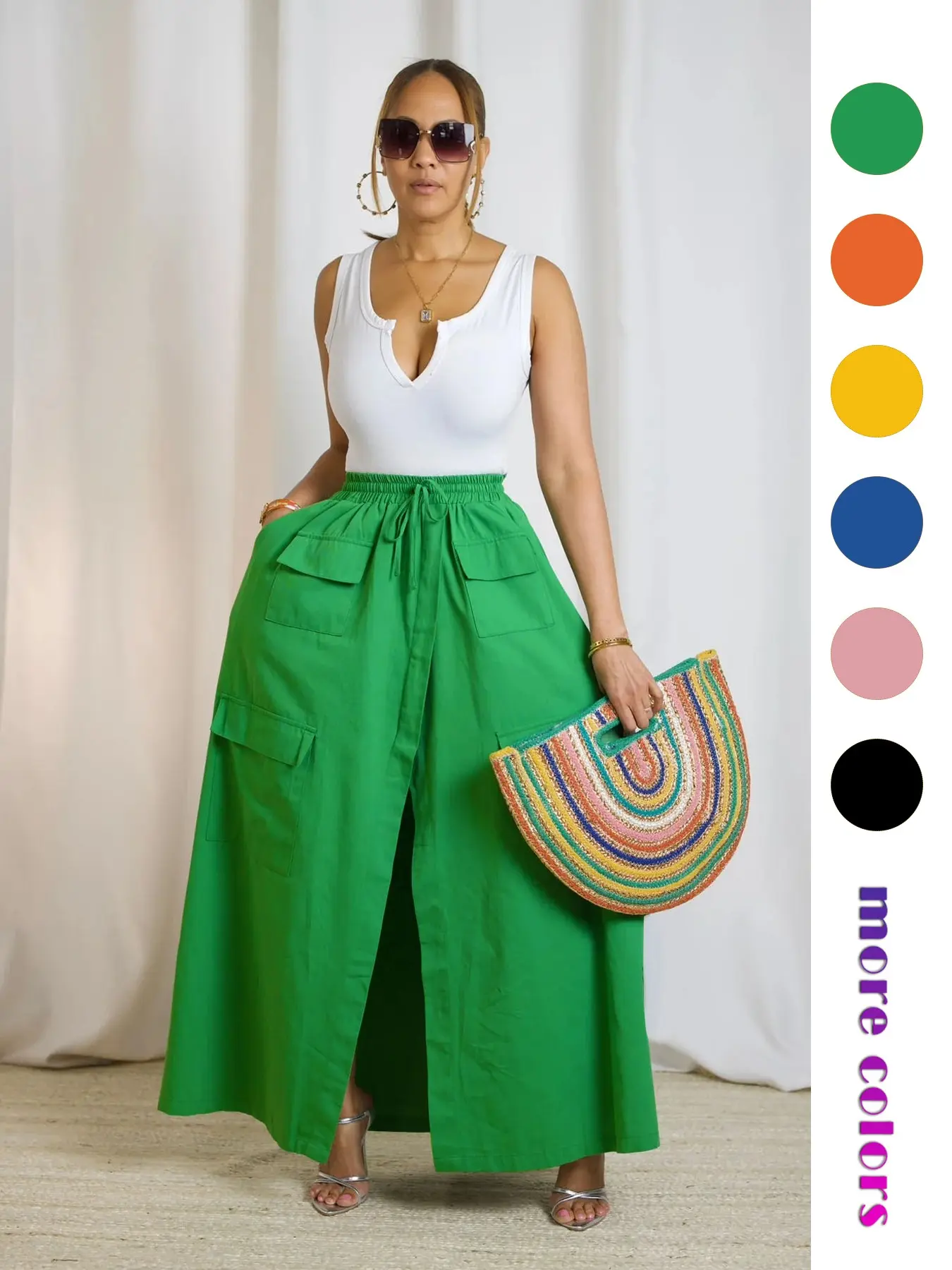 Women's Plain Woven Adjustable Drawstring High-Waist Skirt, Casual Boho Pocket Wrap Skirt for Summer, Ladies Bottoms for Beach Holiday Fits Boho Skirts