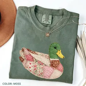 Comfort Colors Not Embroidery PRINT, Faux Quilted Patchwork Duck Tshirt, Pink Mallard Duck Shirt