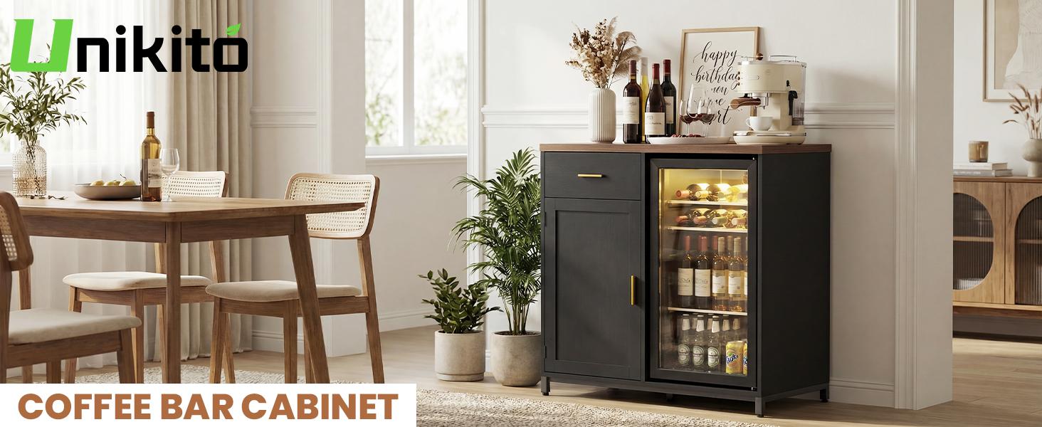 Unikito Home Bar Cabinet - Furniture for Small Spaces, Black Walnut Home Bar Furniture, Mini Fridge Space, Power Outlet Stand, Liquor Wine Storage, Drawer, Wine Glass Holder for Dining Room, Kitchen, Adjustable Home Bar Furniture