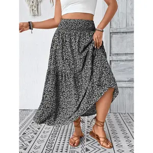 Plus Size Floral Midi Skirt - Smocked Waist, Side Pockets (Casual/Work)