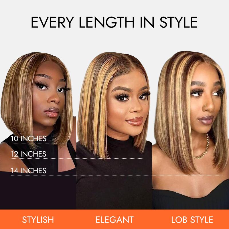 [New In] Wiggins Hair Highlight Straight Bob Wig Glueless 7x4 Lace Closure Wigs Human Hair Ready To Go Wig Honey Blonde Highlights with Brown Hair