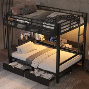Bellemave Full-over-Full Metal Bunk Bed - Sturdy Frame with Storage Shelves, Drawers, USB Ports, LED Lights, Convertible Lower Section to Sofa, Black, Sturdy Bed Frame