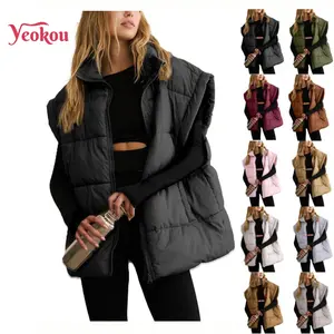 Yeokou Women Winter Oversized Puffer Vest Stand Collar Lightweight Flysleeve Insulated Padded Puffy Jackets Coat with Pockets