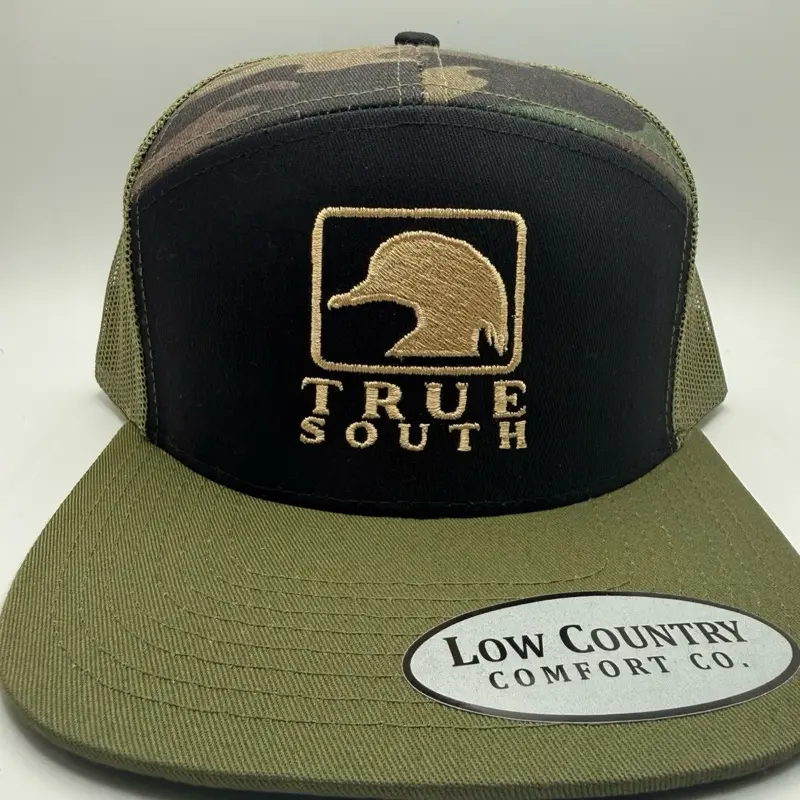 True South Square Duck Embroidery. Riverbed Threads Black/Camo 7-panel hat. By Low Country