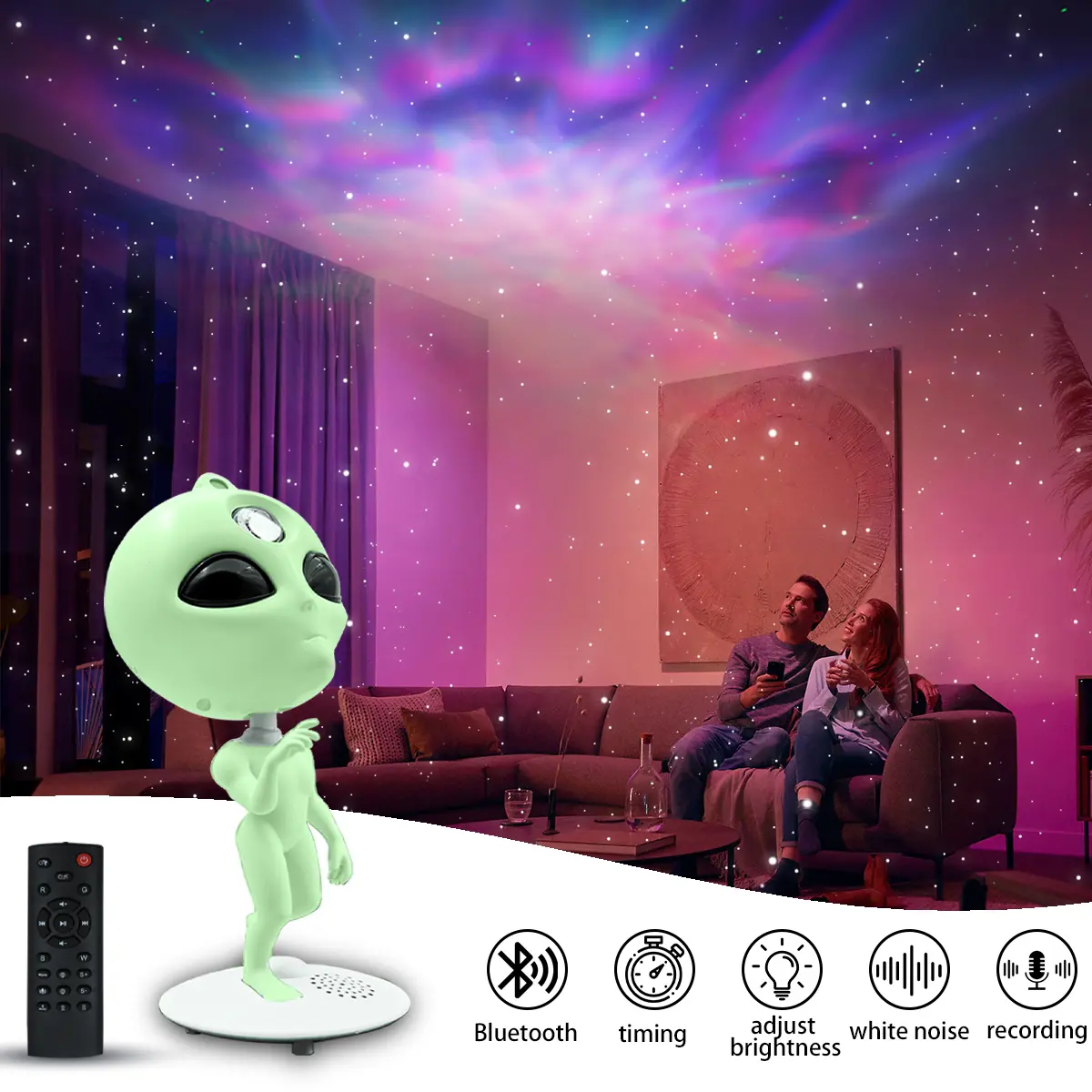 Whimsical Alien UFO Galaxy Projector Light - 4-Color Nebula LED Night Light, Bluetooth 5.0, 8 White Noise Sounds, Voice Recorder, Timer, Room Decor, Home Decor Items, Cool Stuff for Room, Parents' Bedroom Accessory