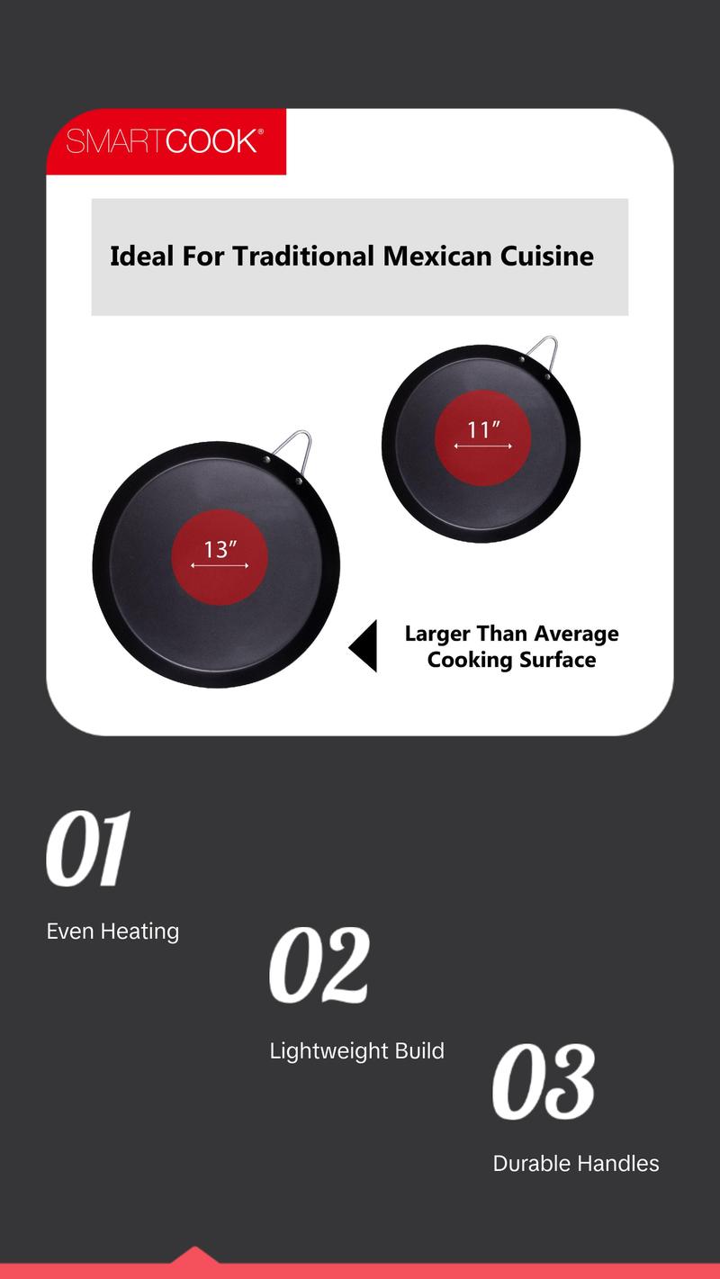 Smart Cook 11” & 13” Non-stick  Round Comal Pan with, Utensils Set and Taco Warmer –Even-Heating Surface with Durable Metal Handle,Lightweight, Comals para Tortillas, Perfect for All Stove-Tops pots and