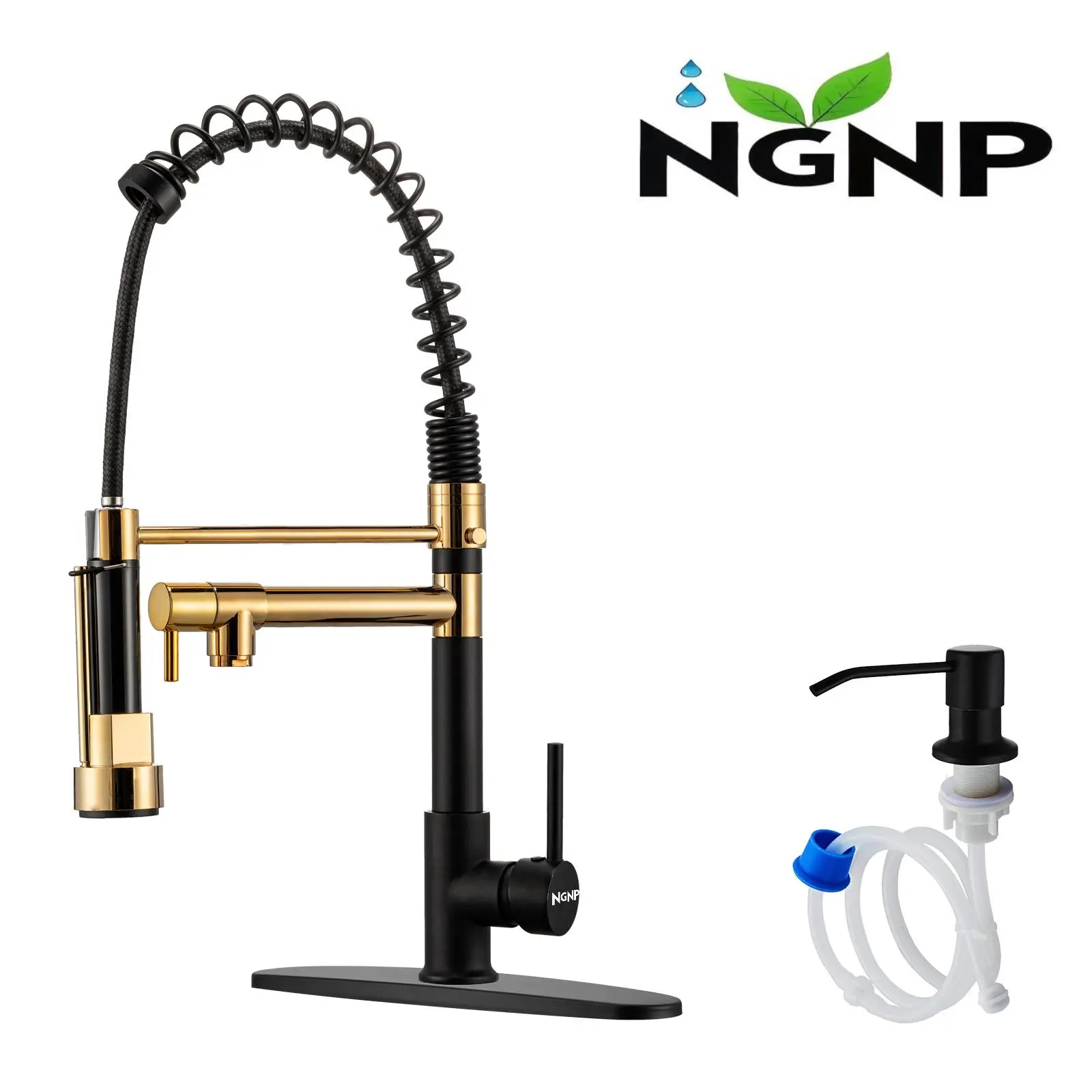 NGNP Kitchen faucet with pull-down spray, single handle double outlet commercial kitchen sink faucet, solid copper body, compatible with deck 1 or 3 holes sprayer black steel high arc Out Modern Decorative
