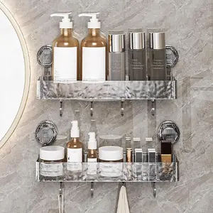 Light Luxury Style Glacier Pattern Suction Cup Shelf with Hook, Punch-Free Shower Storage Rack for Bathroom, No Drill Corner Wall Caddy for Kitchen (Clear(2pcs Rectangle))