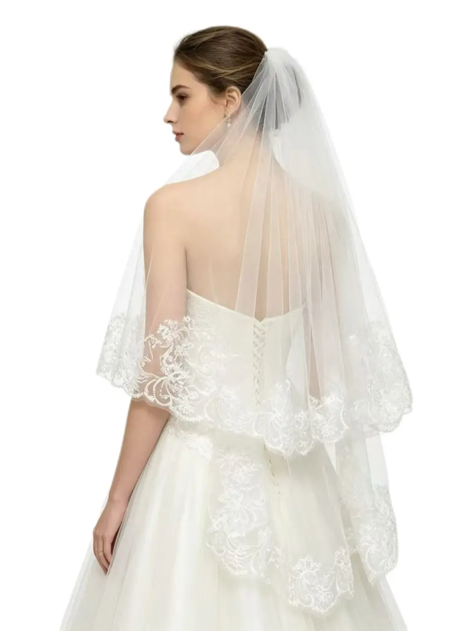 Double Layer Lace Wedding Veil, White Floral Lace Edge Tulle Bridal Veil (with Comb), Elegant Short Bridal Veil for Weddings and Bachelorette Parties Ivory