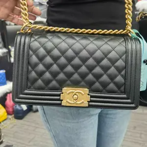 Pre-owned CHANEL Cowhide Shoulder Bags BOY Black Calfskin Diamond Quilted Shoulder Bag with Gold Hardware