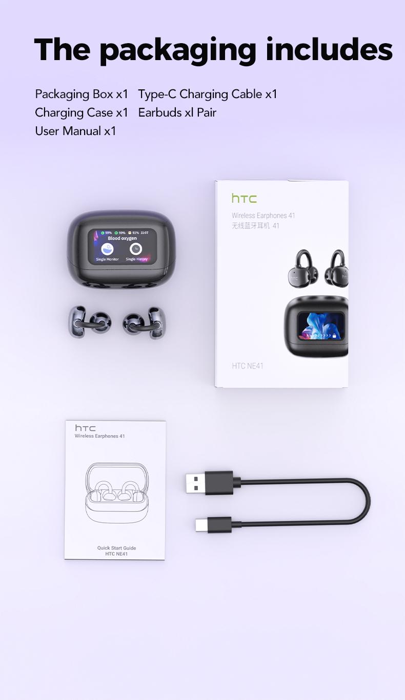 HTC NE41 Clip-On Ear Headphones ,Heart Rate Monitoring Earbuds, Blood Oxygen Monitoring Earbuds,Headphones for Music & Phone Calls, IPX5 Sport Waterproof & Sweatproof, with LCD Full Color Touch Screen, Bluetooth 6.0 Headsets, Heart Rate Health Management