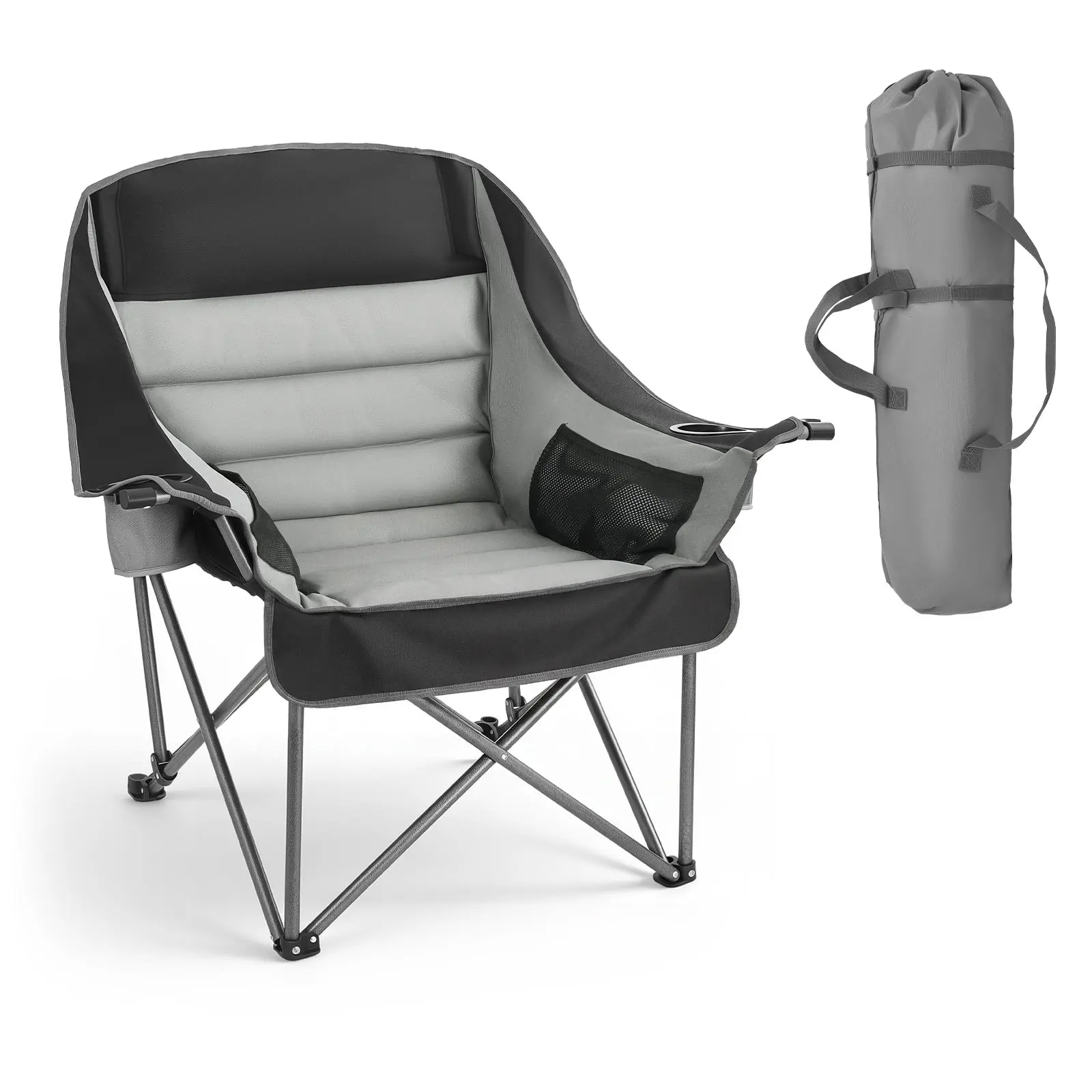 【SummerFinds】VEVOR Oversized Camping Chairs, 450 lbs Heavy Duty Support, Portable Padded Folding Camp Chairs with Dual Cup Holders & Wine Glass Holders, Carry Bag for Outdoor, Fishing, Black & Gray, 1 Pack, Beach Chair Foldable
