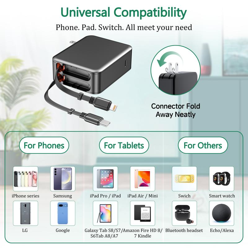 35W Retractable Wall Charger with Dual Cables & 3-Port USB Hub, Fast Charging for iPhone 16/15/14/13/12/11, iPad, Tablets, LG, Samsung & More