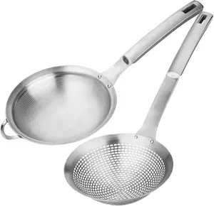 2 Pack Fine Mesh Stainless Steel Metal With Hole Sieve Food Strainer Grease Spider Skimmer With Handle Large Holes Slotted Colander Frying Spoon Set, Handheld For Kitchen Cooking Filter Food Residues