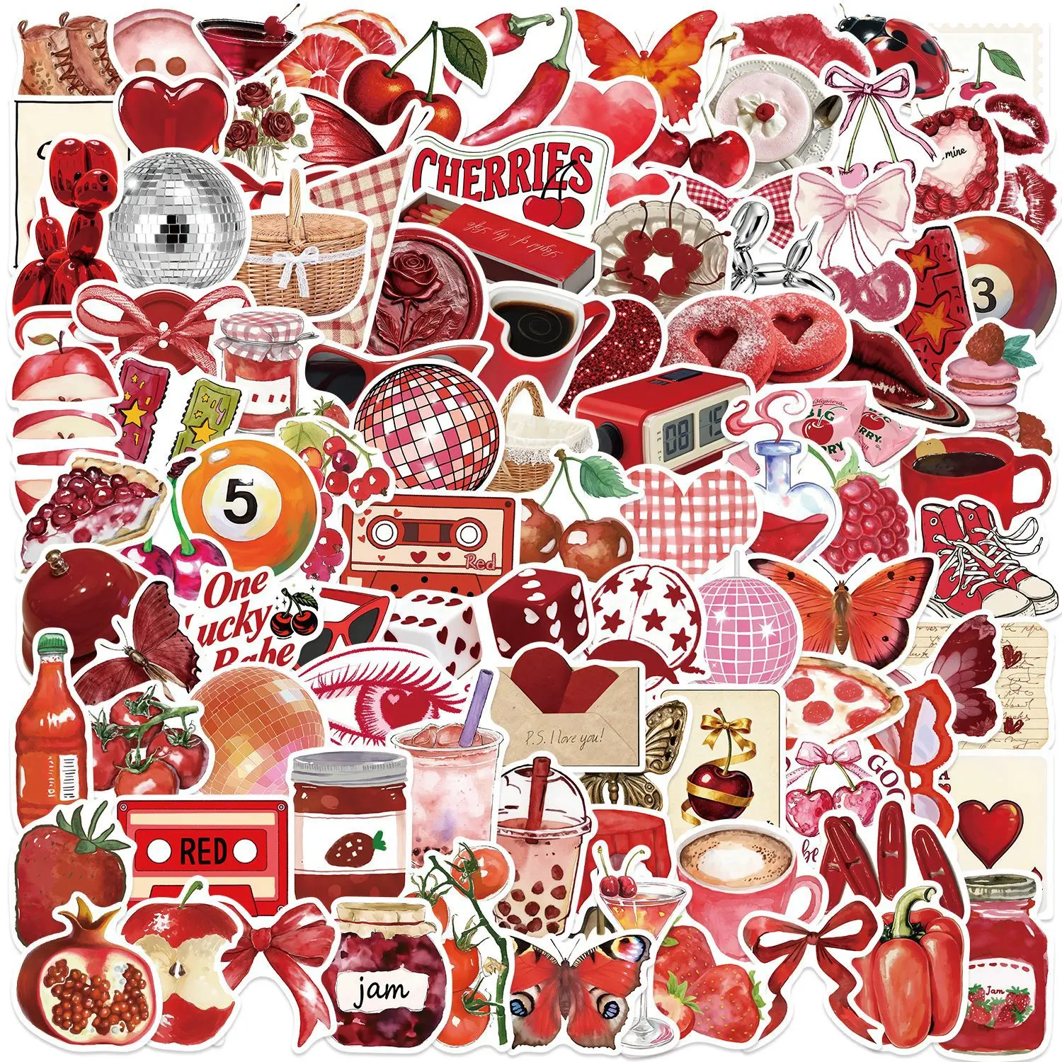 100Pcs Vintage Red Aesthetic Stickers Pack - Coquette Cherry, Retro Y2K, & Soft Girl Style Vinyl Decals for Laptop, Water Bottle, Scrapbooking & Journaling DIY Decor