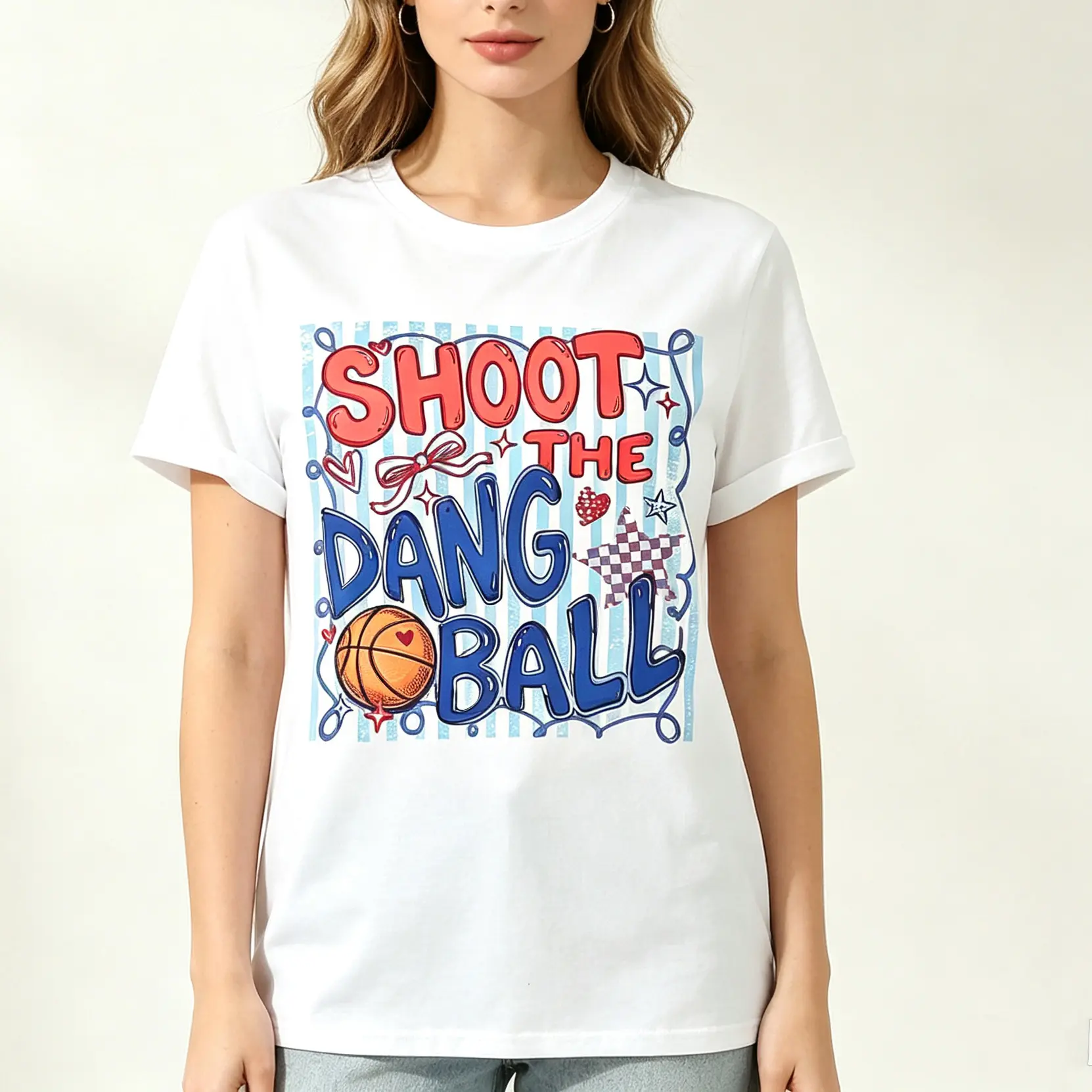 Women's Soft Cotton Vibrant Print Graphic T-Shirt - Basketball Moms' "Shoot The Dang Ball" Short Sleeve Top with Classic Fit, Loose/Slim/Athletic Options, Comfortable, Taped, Machine Washable for Gym, Casual Wear, Yoga Exercises sohochic sohochic sohochic