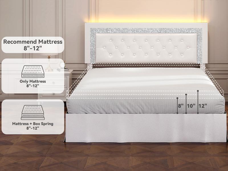 SIBEDS Diamond Upholstered Bed Frame with Adjustable Headboard, Modern Princess Style Platform Bed with LED Lights and Skirt, Crystal Button Tufted Foundation with Wooden Slats, Easy Assembly, Black/White/Grey/Best Gift ldeas/Christmas Gifts