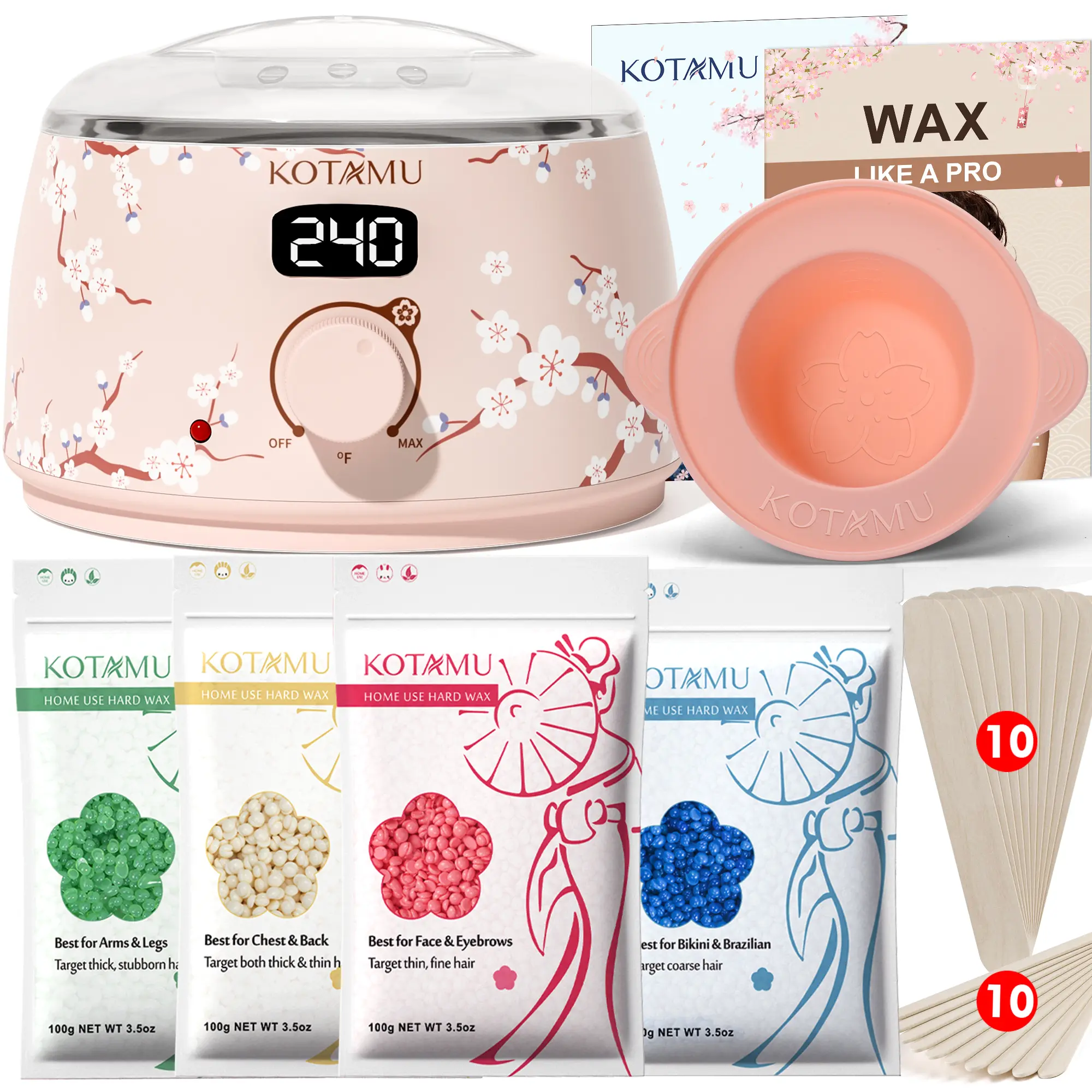 KOTAMU Waxing Kit for Women & Men, Wax Warmer for Hair Removal, Digital Wax Kit with Silicone Pot，Ideal for Face Eyebrow Arm Legs Armpit &Sensitive Skin Body Care