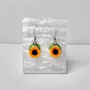 #551 Sunflower with Green Leaves Earrings, Casual Spring Summer Jewelry